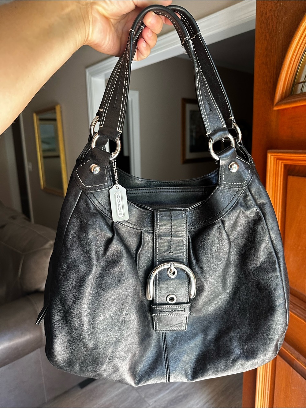 Coach Black Leather Buckle Shoulder hobo Bag
